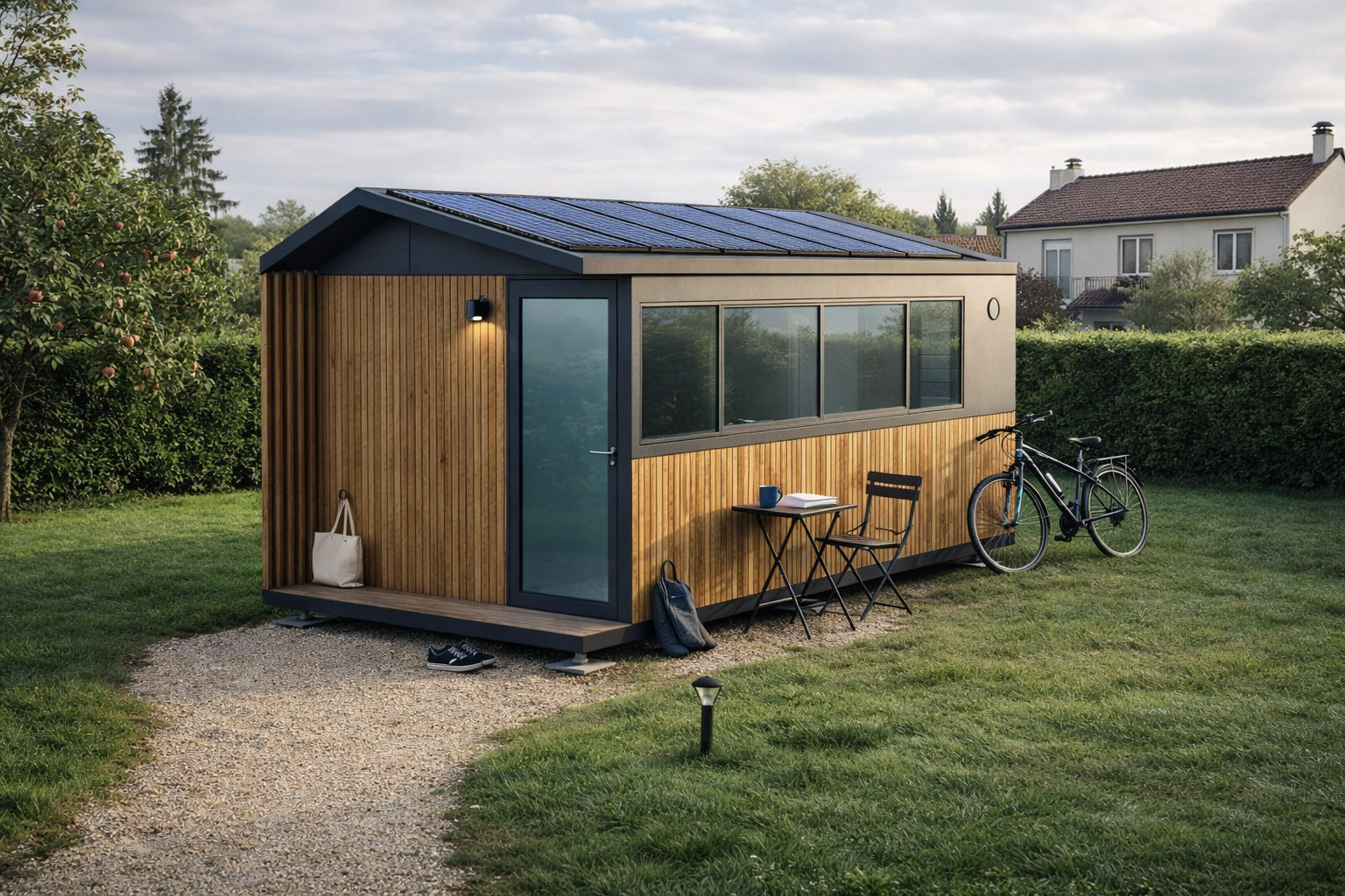 Module extérieur contemporain dans un environnement végétalisé
